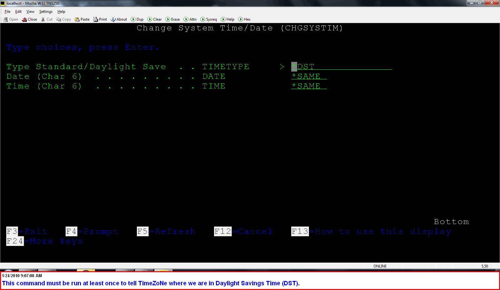 Change System Time/Date (CHGSYSTIM)